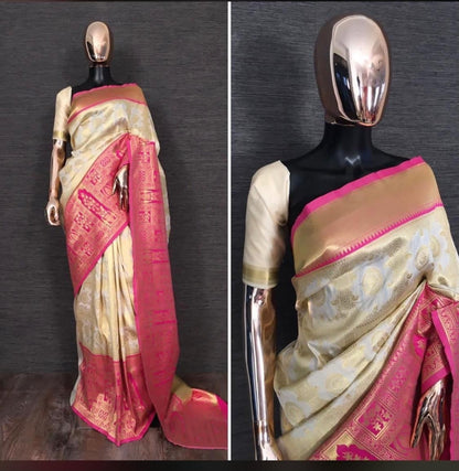 Sizzling Cream Color Silk Jacquard Work Saree Blouse For Wedding Wear