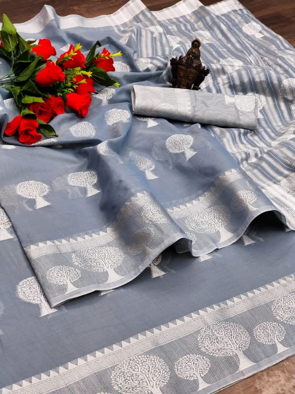 Dismaying Grey Color Cotton Silk Designer Jacquard Work Saree Blouse For Ladies