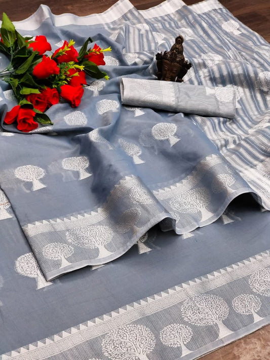 Dismaying Grey Color Cotton Silk Designer Jacquard Work Saree Blouse For Ladies