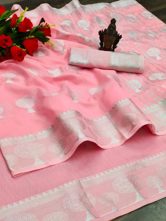Incredible Baby Pink Color Occasion Wear Cotton Silk Jacquard Work Saree Blouse