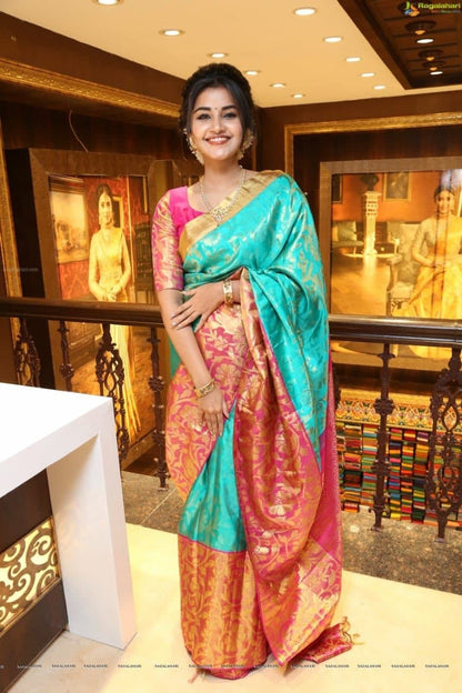 Amazeballs Firozi Color Function Wear Silk Jacquard Work Design Saree Blouse