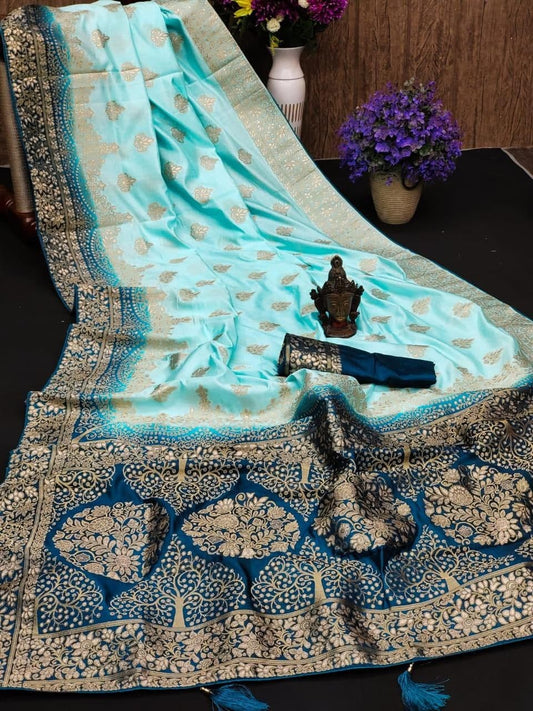 Energetic Blue Color Silk Gotta Patti Weaving Work Saree Blouse