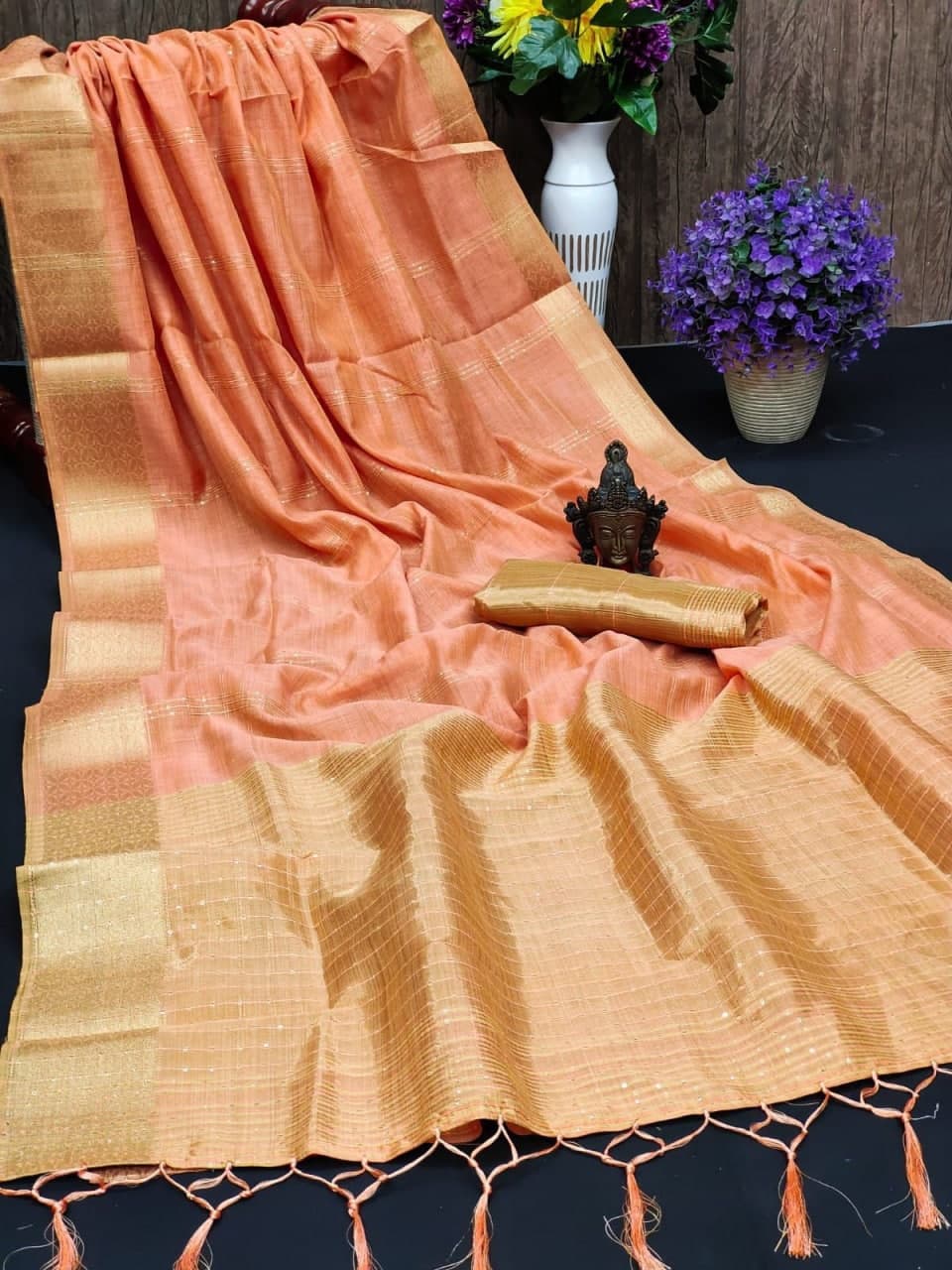 Blooming Orange Color Jacquard Weaving Work Cotton Saree Blouse
