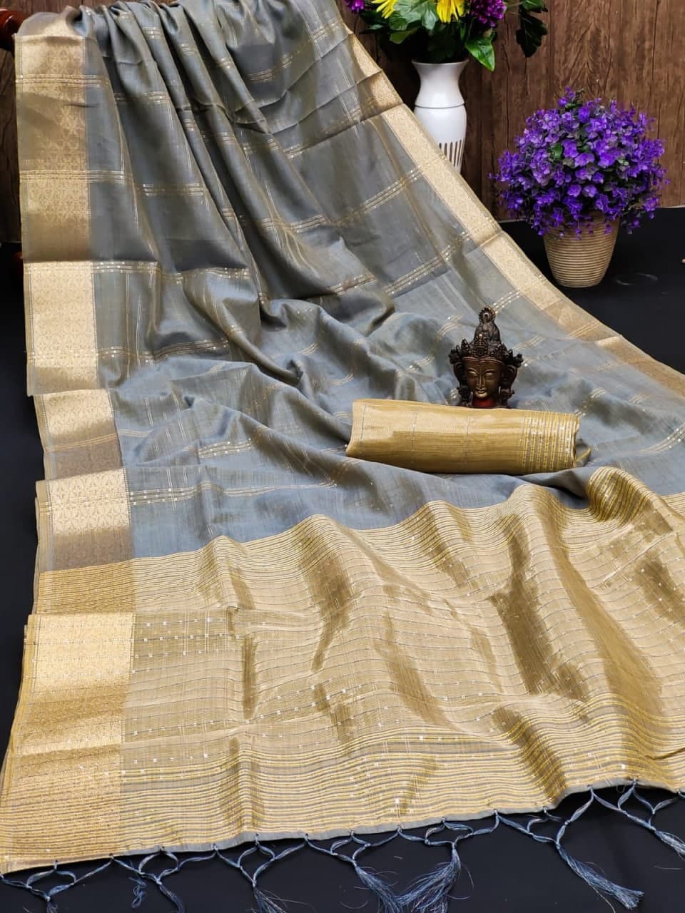 Attractive Grey Color Cotton Occasion Wear Golden Jacquard Work Saree Blouse