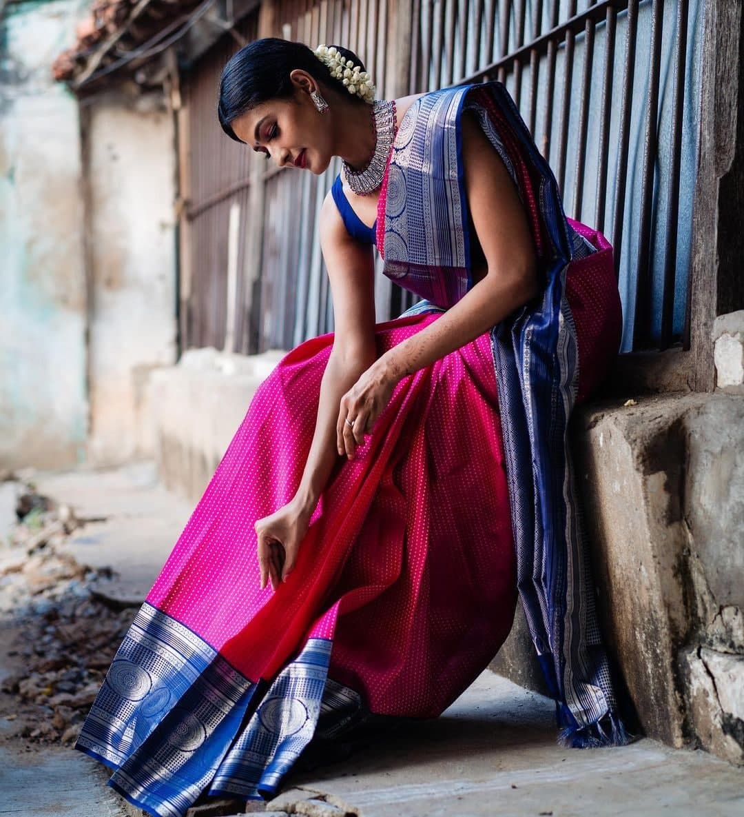 Beautiful Rani Pink Color Festival Wear Silk Jacquard Work Saree Blouse