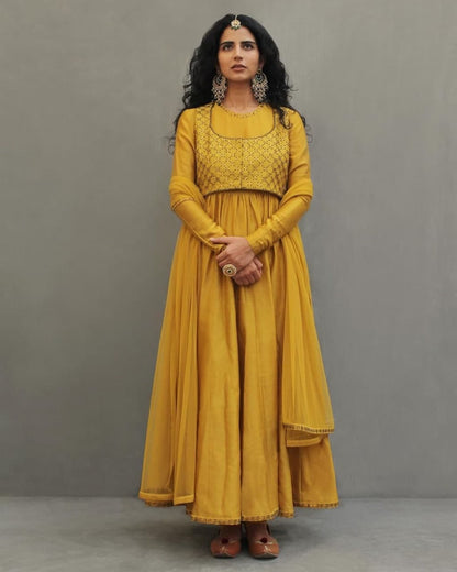 Stupendous Mustard Color Vichitra Silk Embroidered Work Indo Western Suit