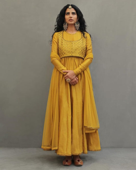 Stupendous Mustard Color Vichitra Silk Embroidered Work Indo Western Suit