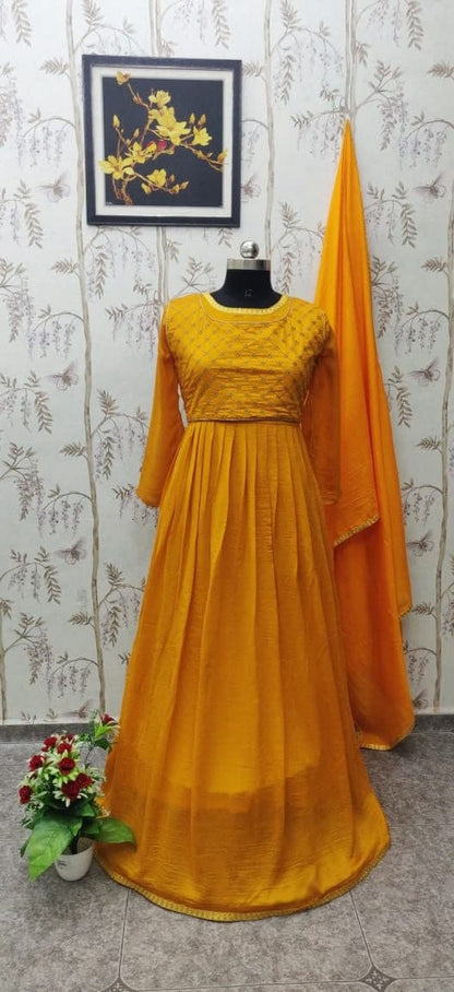 Stupendous Mustard Color Vichitra Silk Embroidered Work Indo Western Suit