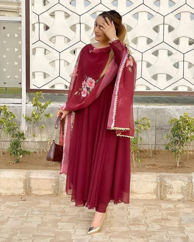 Adorable Maroon Color Georgette Full Stitched Gown Dupatta For Women