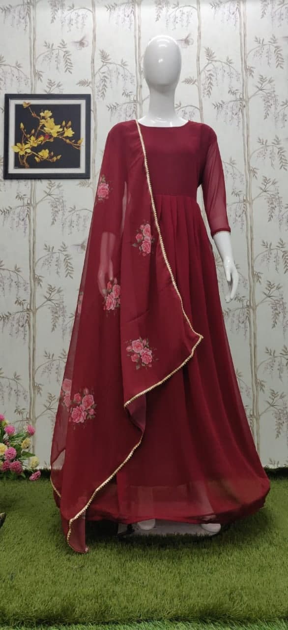 Adorable Maroon Color Georgette Full Stitched Gown Dupatta For Women