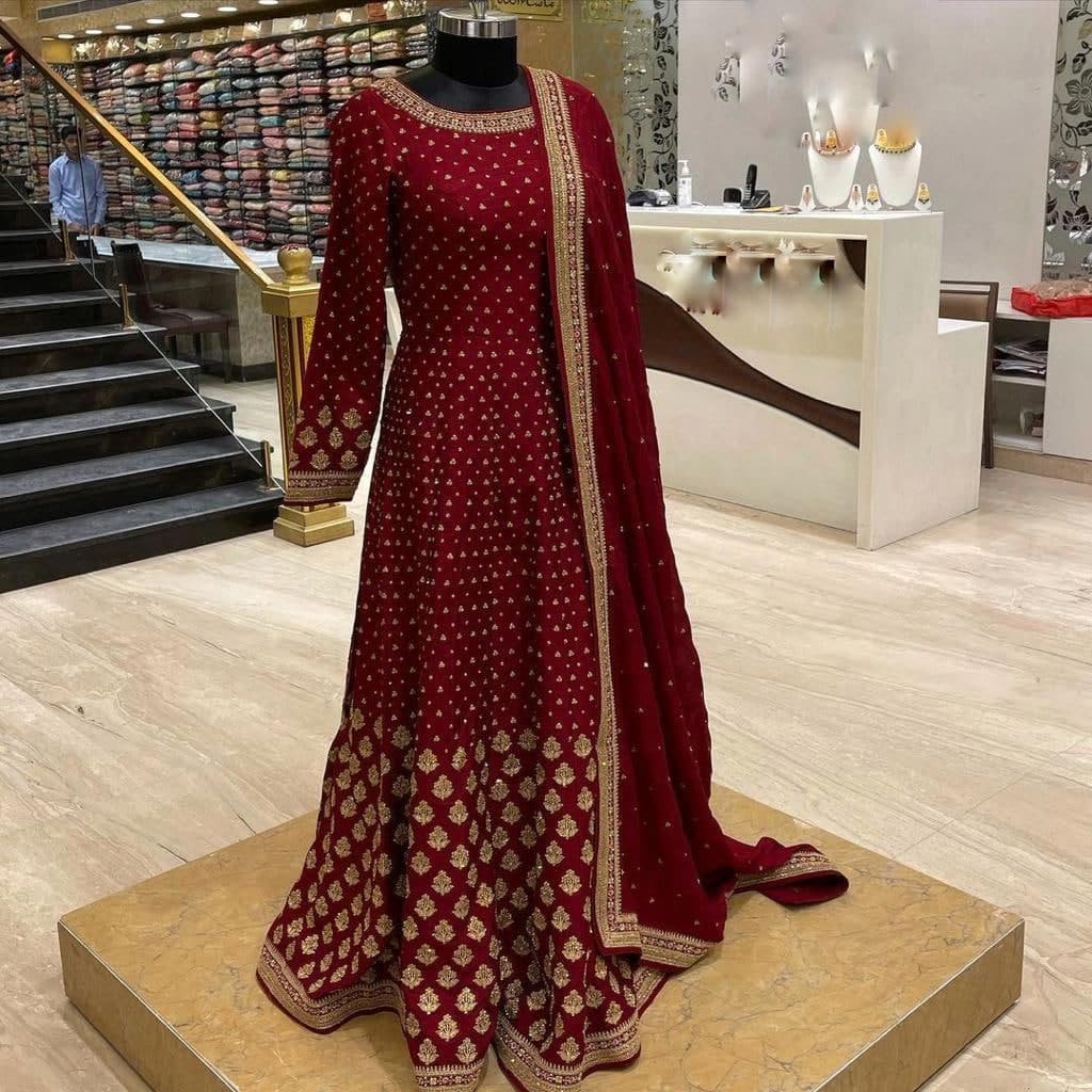Engrossing Maroon Color Georgette Embroidered Work Party Wear Dupatta Gown