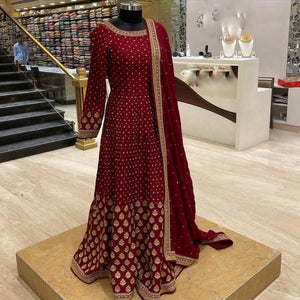 Engrossing Maroon Color Georgette Embroidered Work Party Wear Dupatta Gown