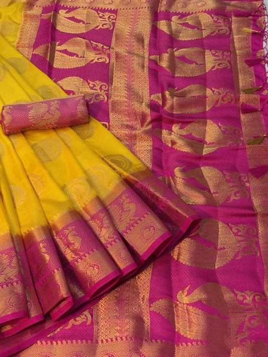 Gorgeous Yellow Color Nylon Silk Festive Wear Rich Pallu Saree Blouse