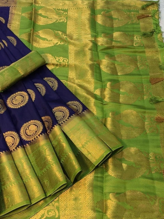 Fantastic Blue Color Party Wear Nylon Silk Grand Pallu Saree Blouse