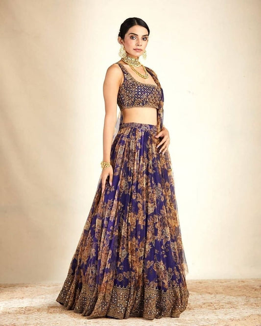 Sizzling Violet Color Georgette Printed Embroidered Work Festive Wear Lehenga Choli