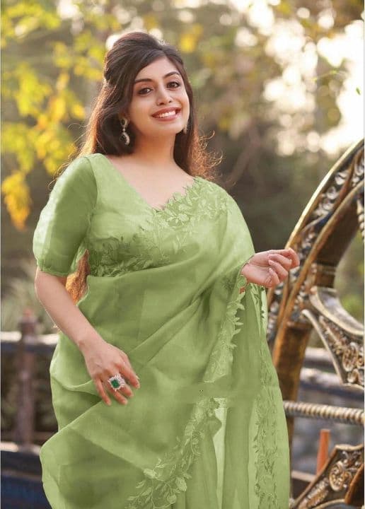 Glamorous Green Color Organza Embroidered Cut Work Saree Blouse