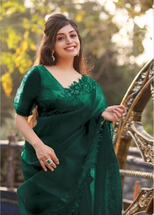 Staggering Bottle Green Color Embroidered Cut Work Organza Saree Blouse For Women