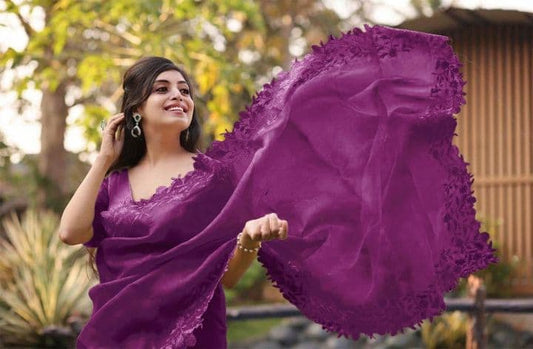 Stylish Wine Color Occasion Wear Organza Embroidered Fancy Cut Work Saree Blouse