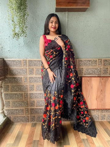 Appealing Black Color Organza Diamond Embroidered Work Party Wear Saree Blouse