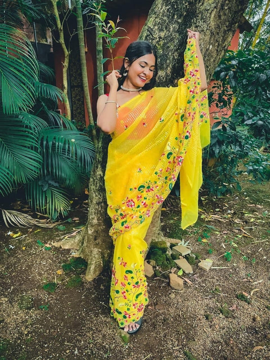 Engrossing Yellow Color Sequence Thread Work Georgette Saree Blouse