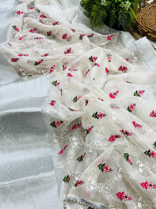 Dismaying Grey Color Occasion Wear Organza Embroidered Work Saree Blouse