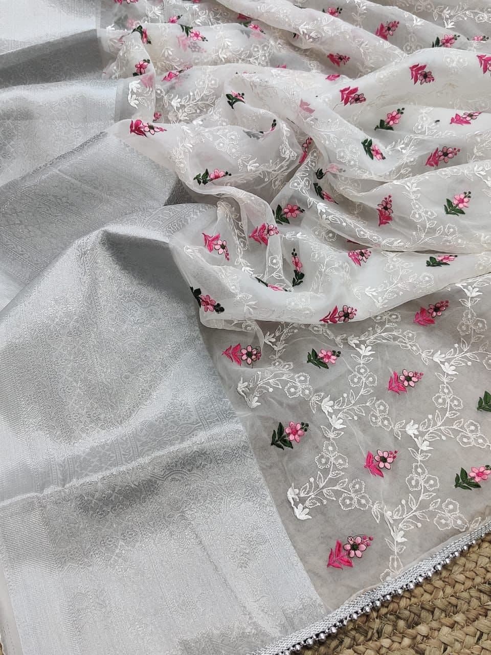 Dismaying Grey Color Occasion Wear Organza Embroidered Work Saree Blouse