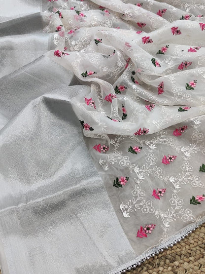 Dismaying Grey Color Occasion Wear Organza Embroidered Work Saree Blouse