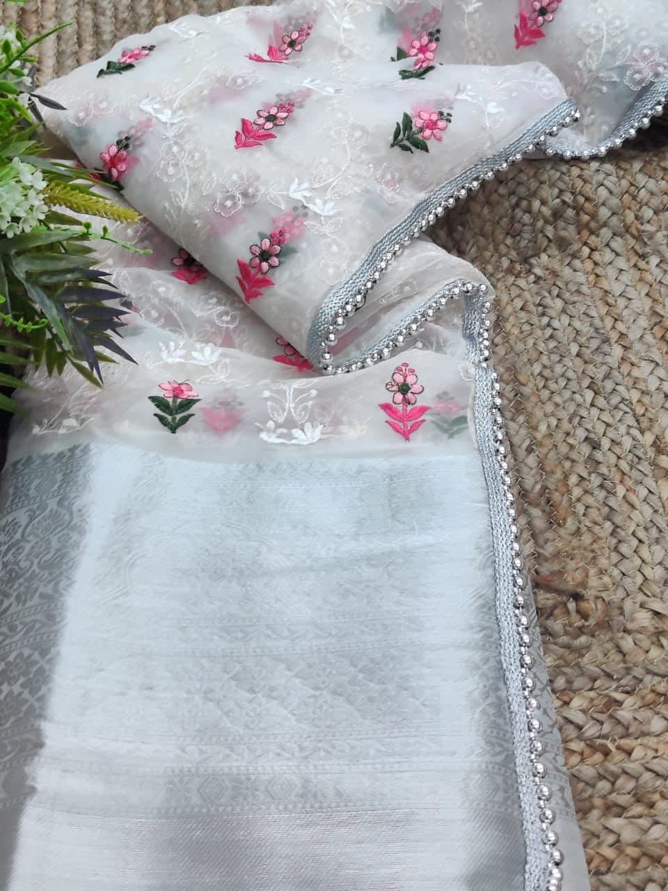 Dismaying Grey Color Occasion Wear Organza Embroidered Work Saree Blouse