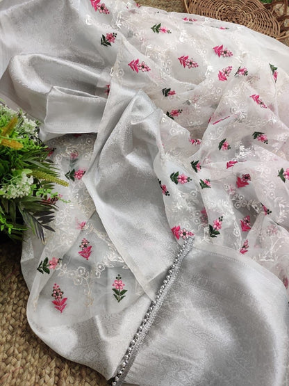 Dismaying Grey Color Occasion Wear Organza Embroidered Work Saree Blouse
