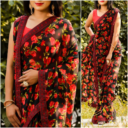 Flattering Black Color Casual Wear Georgette Printed Work Saree Blouse