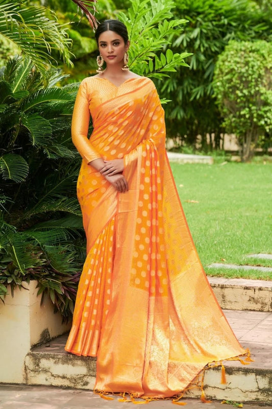 Amazing Yellow Color Chiffon Zari Weaving Design Party Wear Saree Blouse