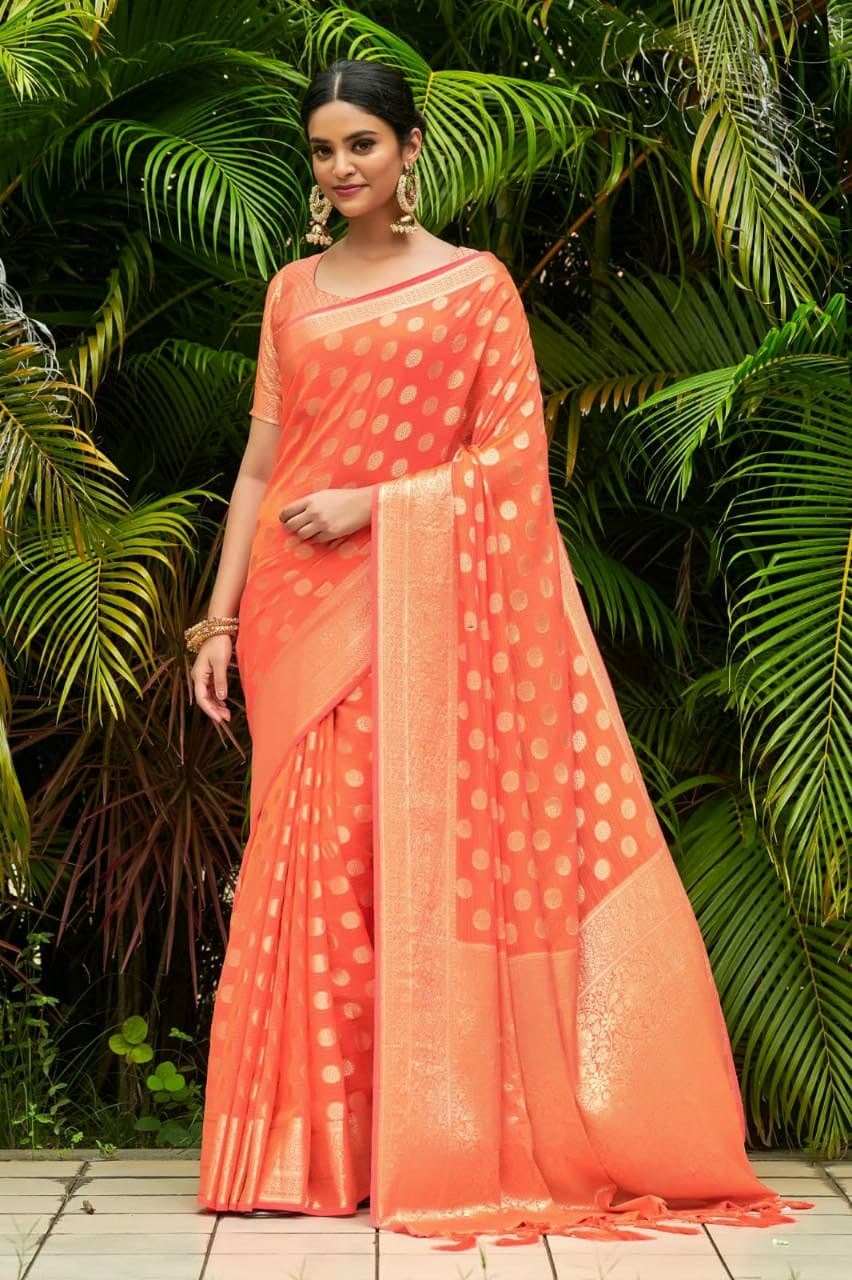 Sensational Orange Color Function Wear Zari Weaving Chiffon Saree Blouse