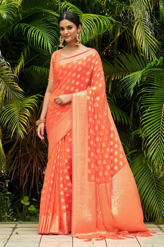 Sensational Orange Color Function Wear Zari Weaving Chiffon Saree Blouse