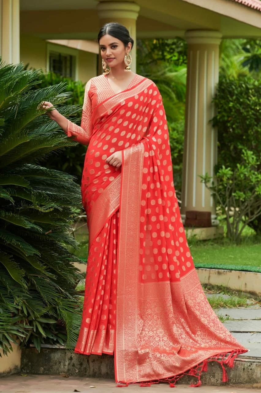 Impressive Red Color Chiffon Weaving Zari Work Saree Blouse