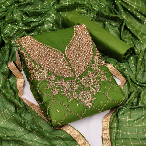 Good-looking Green Color Cotton Embroidered Diamond Work Salwar Suit For Ladies