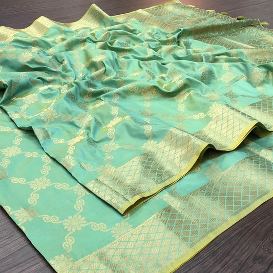 Decent Sea Green Color Wedding Wear Silk Zari Weaving Work Saree Blouse
