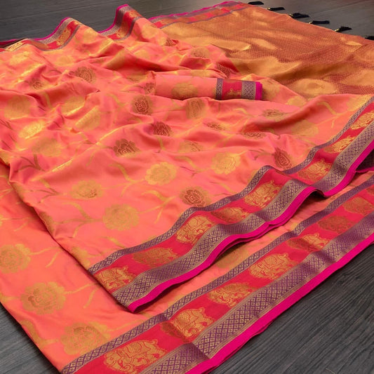 Glamorous Light Peach Color Weaving Designer Casual Wear Art Silk Saree Blouse