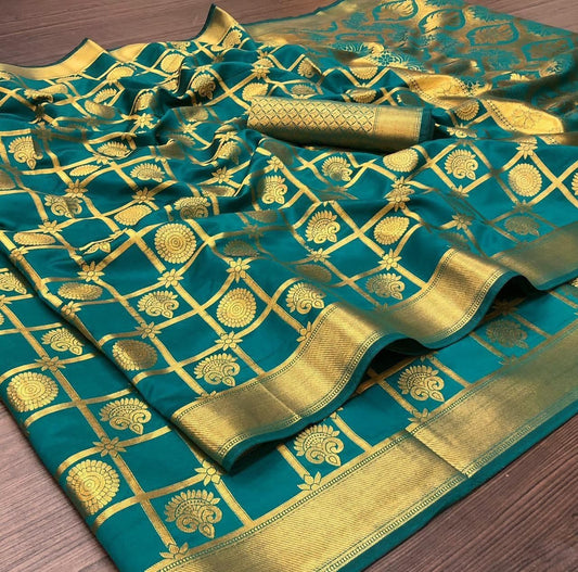 Elegant Rama Green Color Party Wear Art Silk Zari Weaving Saree Blouse