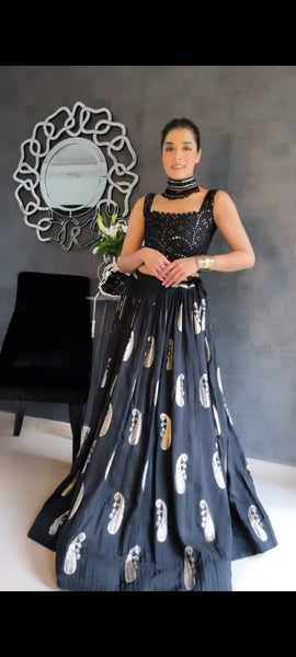 Divine Black Color Party Wear Satin Sequence Embroidered Work Lehenga Choli