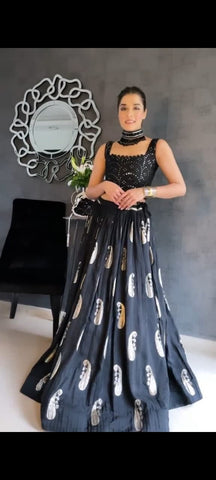 Divine Black Color Party Wear Satin Sequence Embroidered Work Lehenga Choli