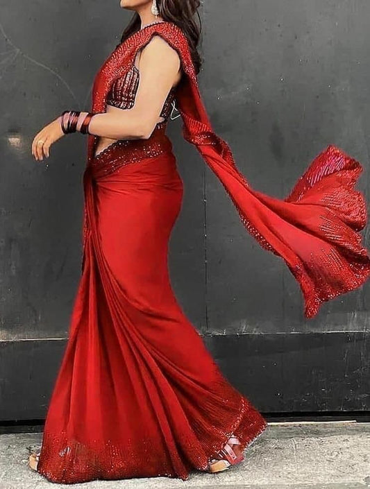 Engrossing Red Color Georgette Designer Sequence Work Saree Blouse
