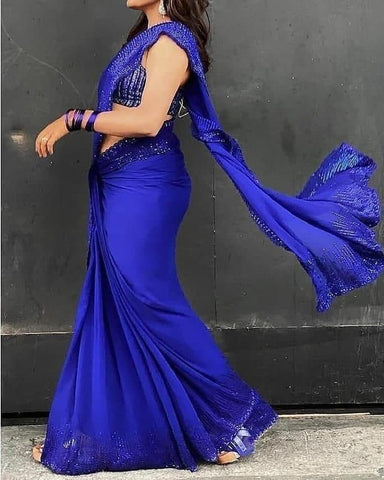 Extraordinary Royal Blue Color Function Wear Georgette Sequence Work Saree Blouse