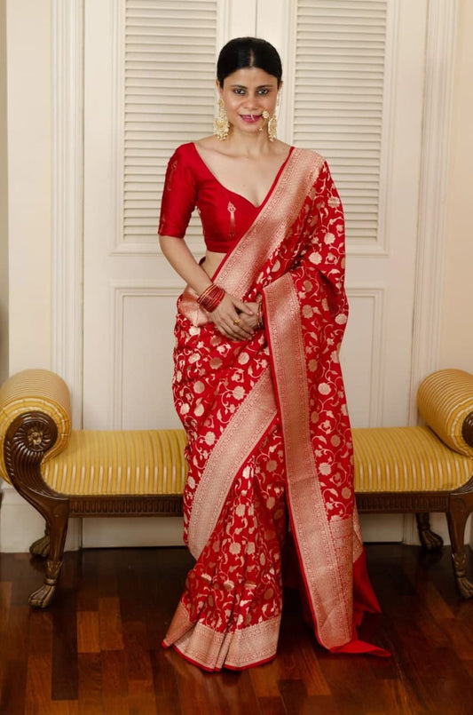 Staggering Red Color Bridal Wear Banarasi Zari Work Saree Blouse