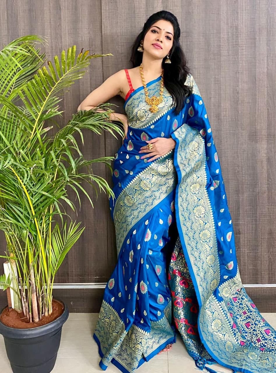 Appealing Blue Color Occasion Wear Art Silk Zari Weaving Saree Blouse
