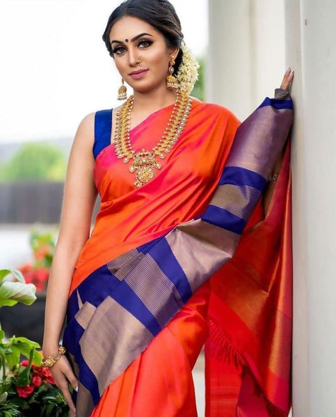Function Wear Orange Color Art Silk Golden Weaving Work Saree Blouse