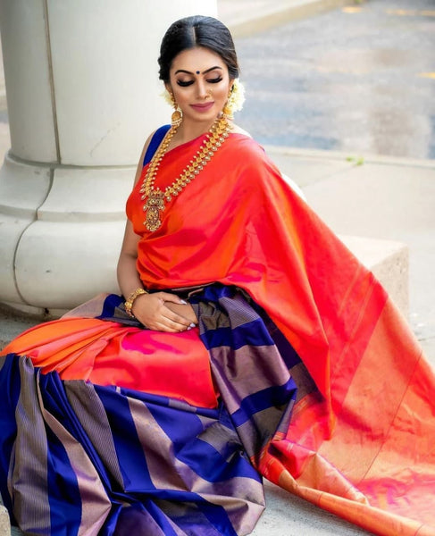 Function Wear Orange Color Art Silk Golden Weaving Work Saree Blouse