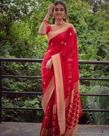 Astonishing Red Color Art Silk Weaving Work Saree Blouse For Festival Wear