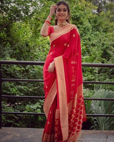 Astonishing Red Color Art Silk Weaving Work Saree Blouse For Festival Wear