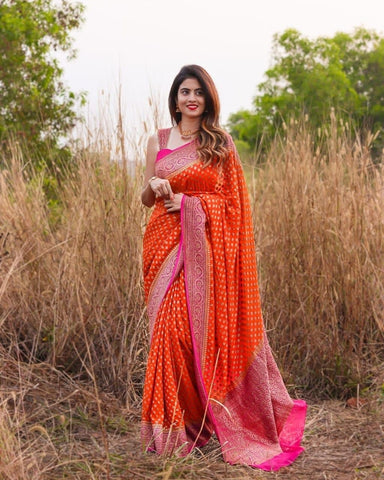 Prodigious Orange Color Art Silk Weaving Work Saree For Women