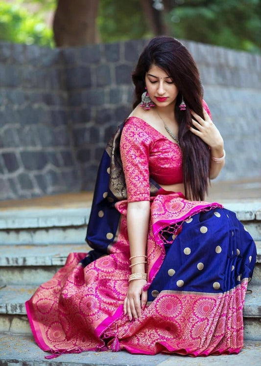 Stunning Blue Color Kanjivaram Silk Weaving Work Saree Blouse For Wedding Wear